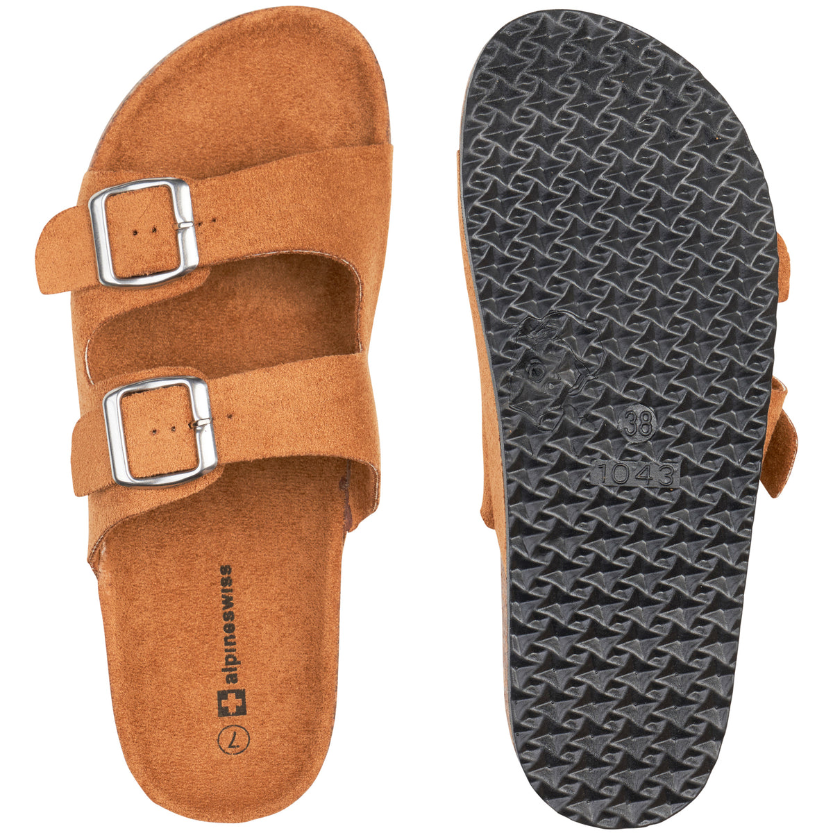 Alpine Swiss Womens Double Strap Contour Sandals Slip on Buckle Slides Vegan Leather – Microsuede Tan