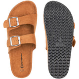 Alpine Swiss Womens Double Strap Contour Sandals Slip on Buckle Slides Vegan Leather – Microsuede Tan