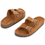 Alpine Swiss Womens Double Strap Contour Sandals Slip on Buckle Slides Vegan Leather – Microsuede Tan