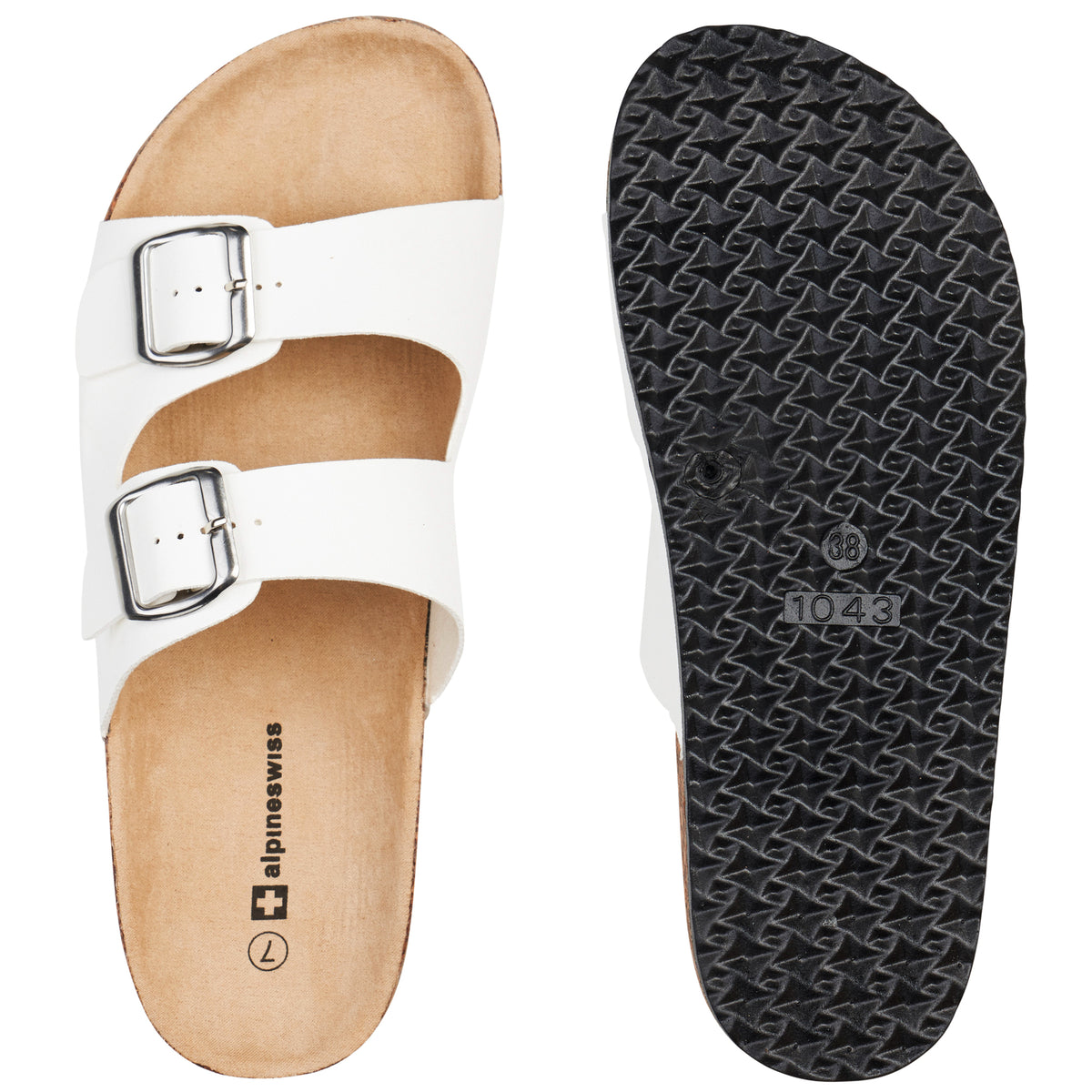 Alpine Swiss Womens Double Strap Contour Sandals Slip on Buckle Slides Vegan Leather – White