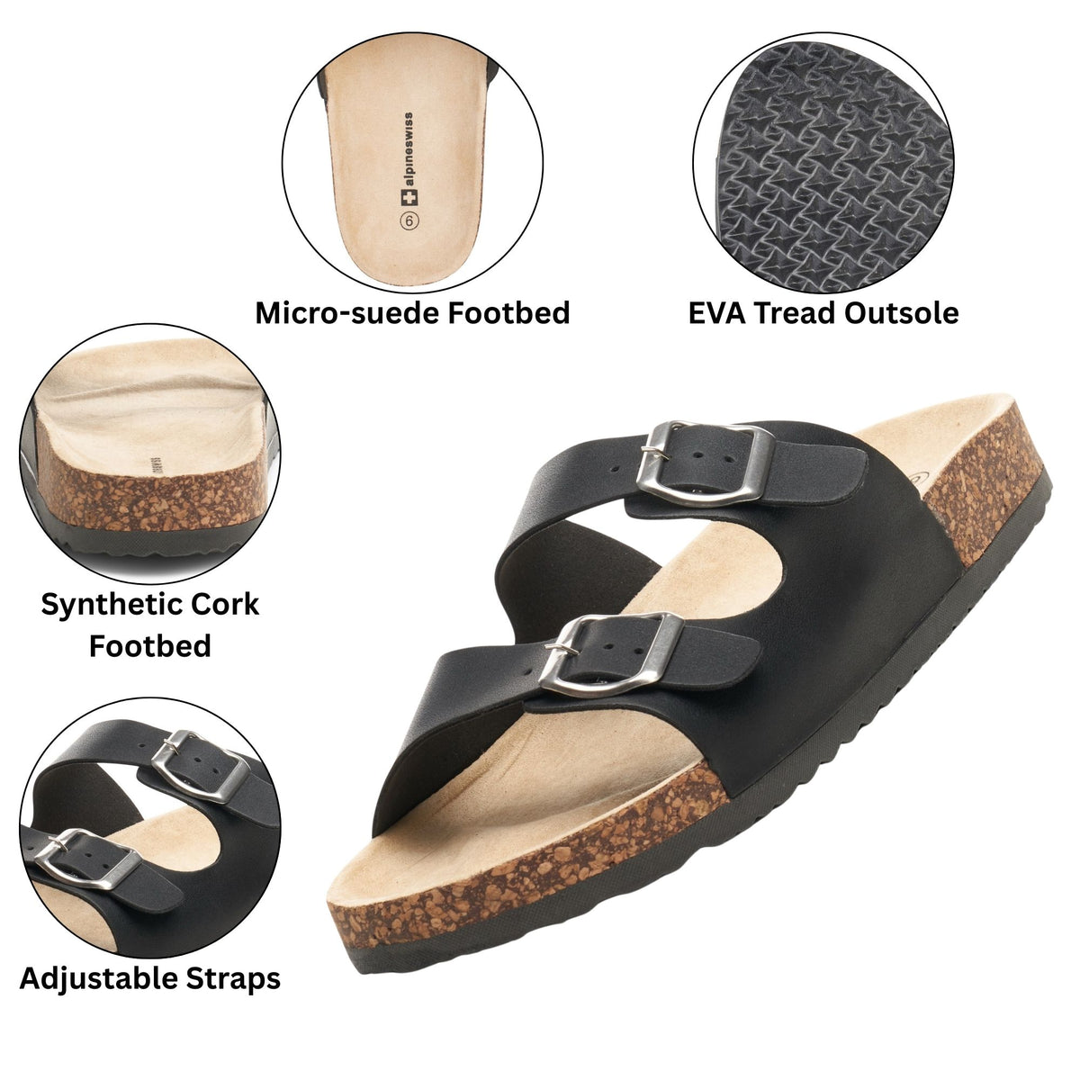Alpine Swiss Mens Double Strap Contour Sandals Slip on Buckle Slides Vegan Leather – Black
