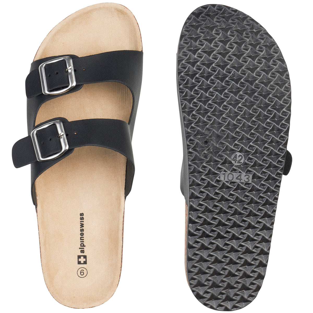 Alpine Swiss Mens Double Strap Contour Sandals Slip on Buckle Slides Vegan Leather – Black