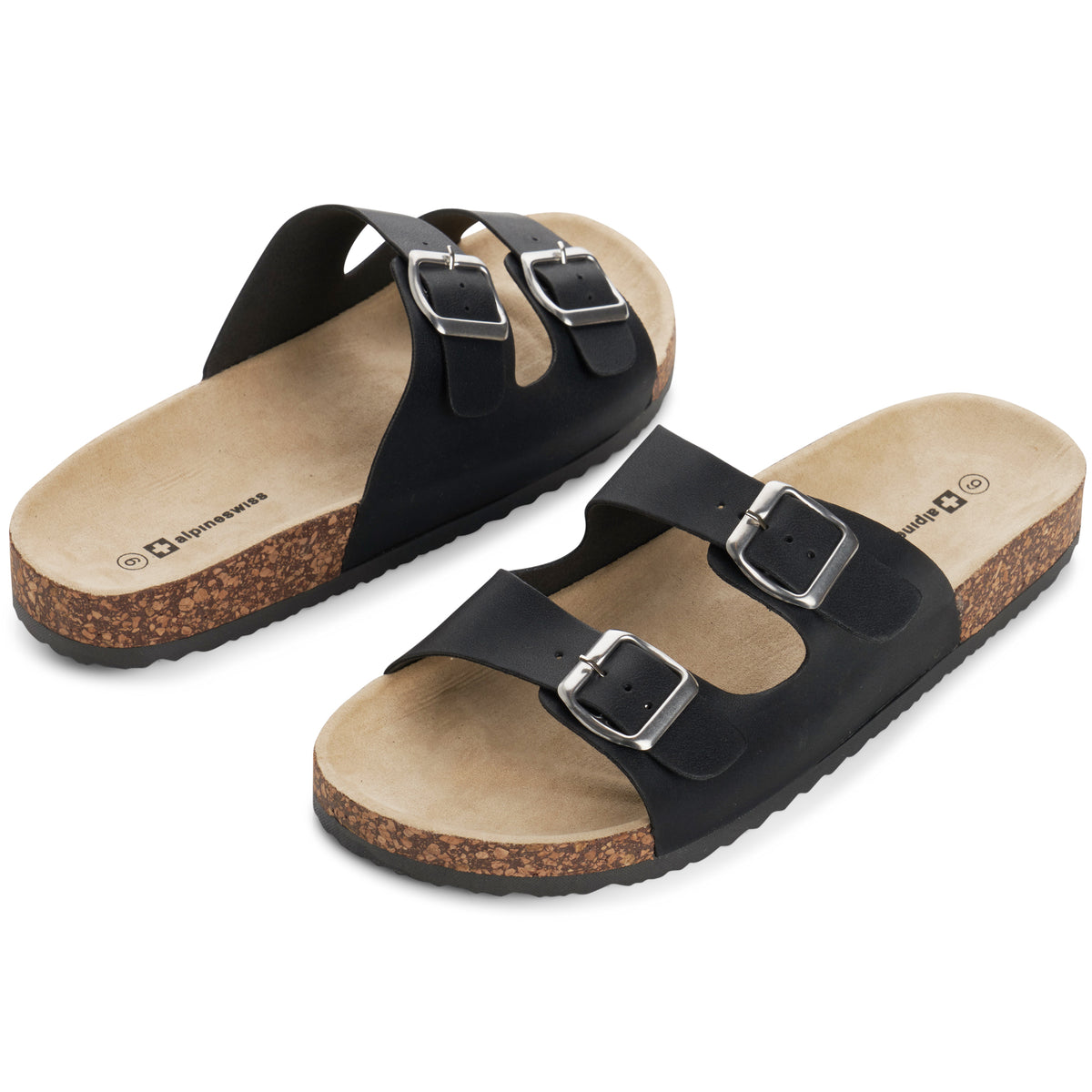 Alpine Swiss Mens Double Strap Contour Sandals Slip on Buckle Slides Vegan Leather – Black