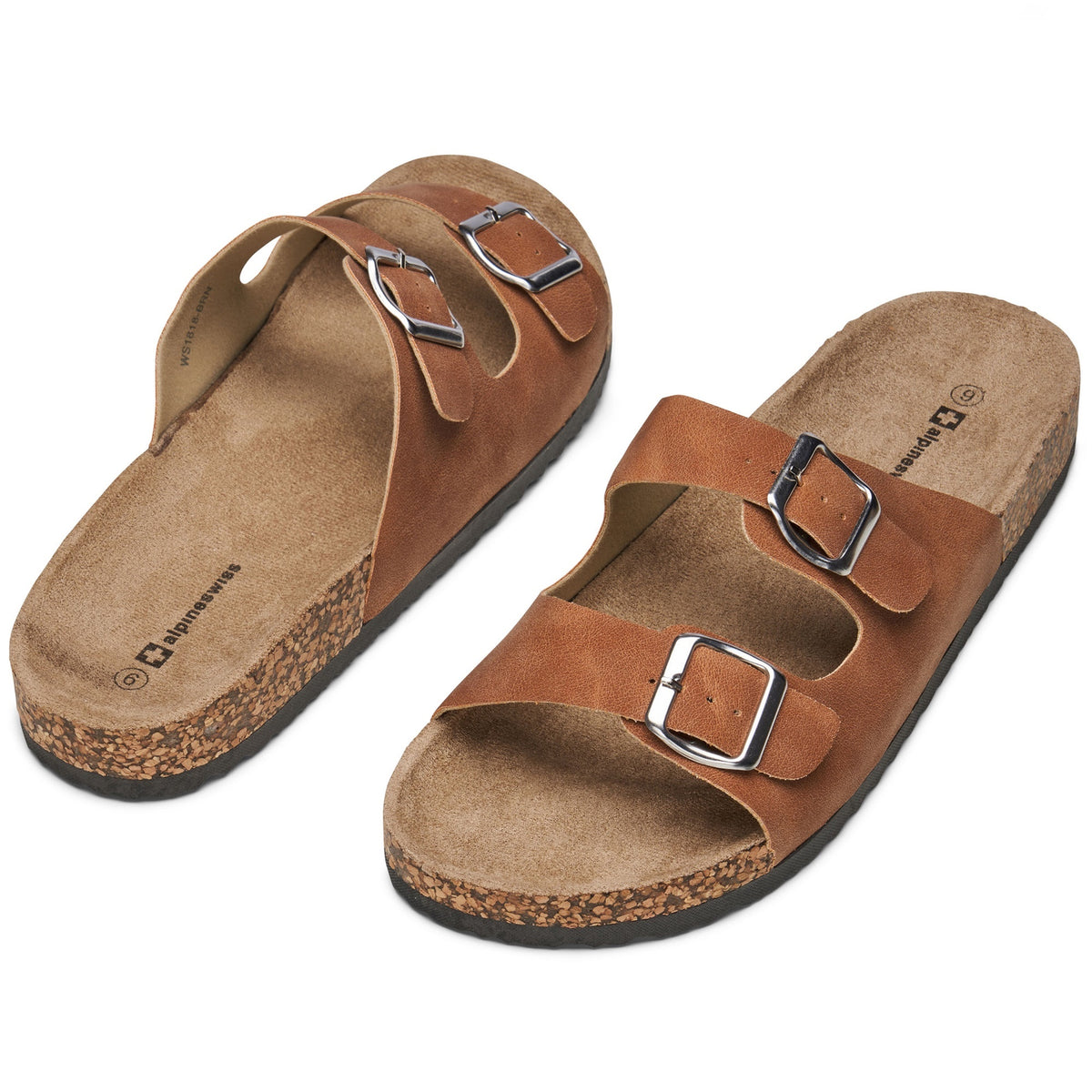 Alpine Swiss Mens Double Strap Contour Sandals Slip on Buckle Slides Vegan Leather – Brown