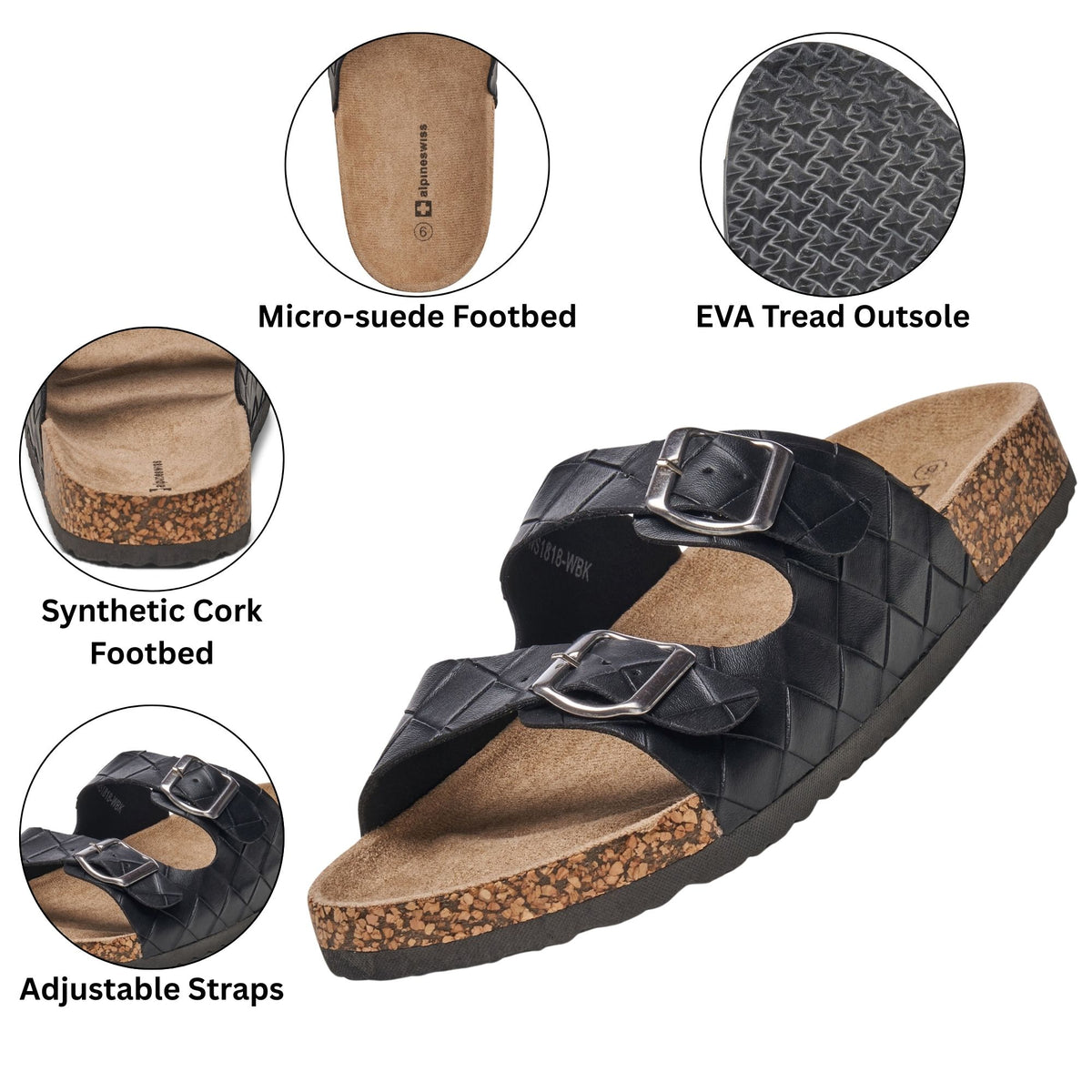 Alpine Swiss Mens Double Strap Contour Sandals Slip on Buckle Slides Vegan Leather – Woven Black