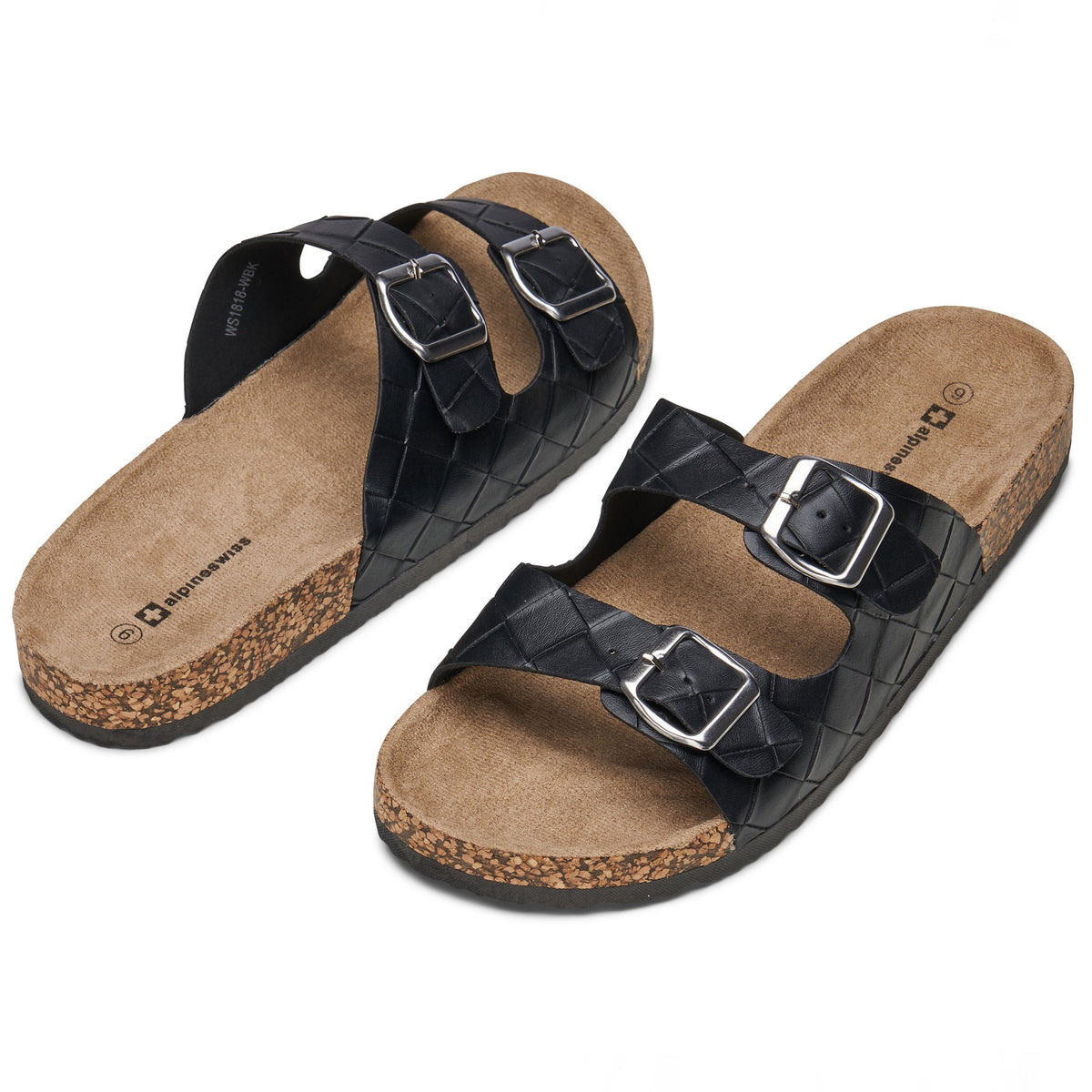 Alpine Swiss Mens Double Strap Contour Sandals Slip on Buckle Slides Vegan Leather – Woven Black