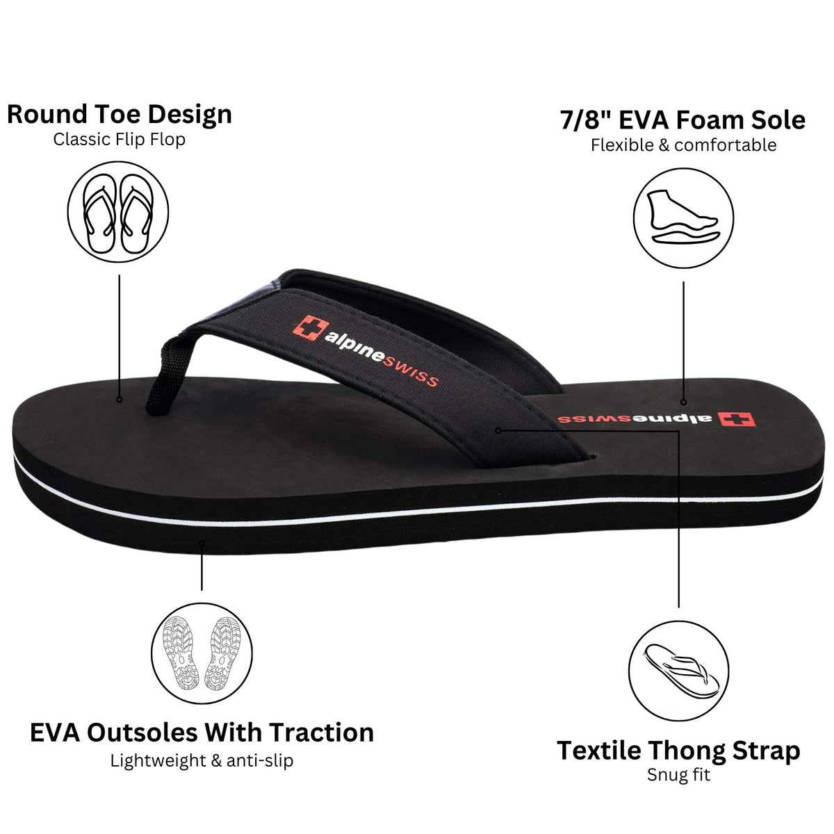 Alpine Swiss Mens Flip Flops Lightweight Thong Sandals Beach Slides EVA Sole for – Obsidian Black
