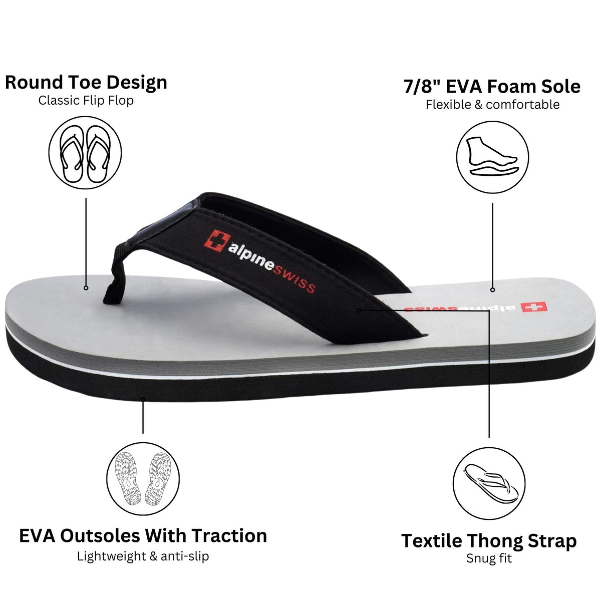 Alpine Swiss Mens Flip Flops Lightweight Thong Sandals Beach Slides EVA Sole for – Koala Gray