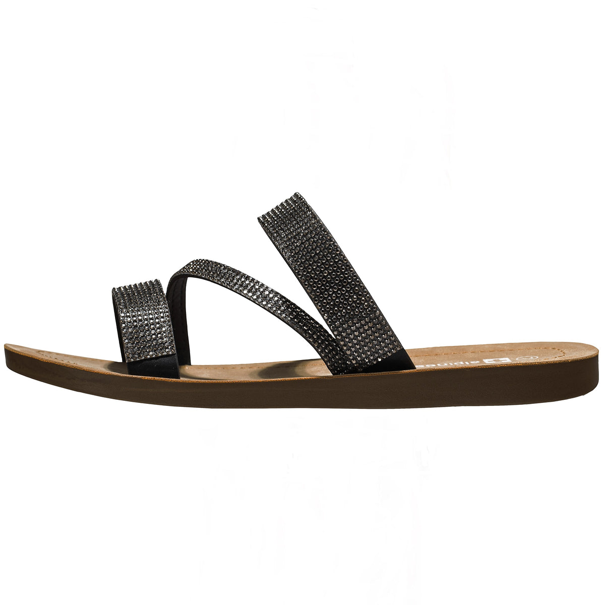 Alpine Swiss Womens Rhinestone Slide Sandals Dressy Summer Strappy Flat Shoes – Black