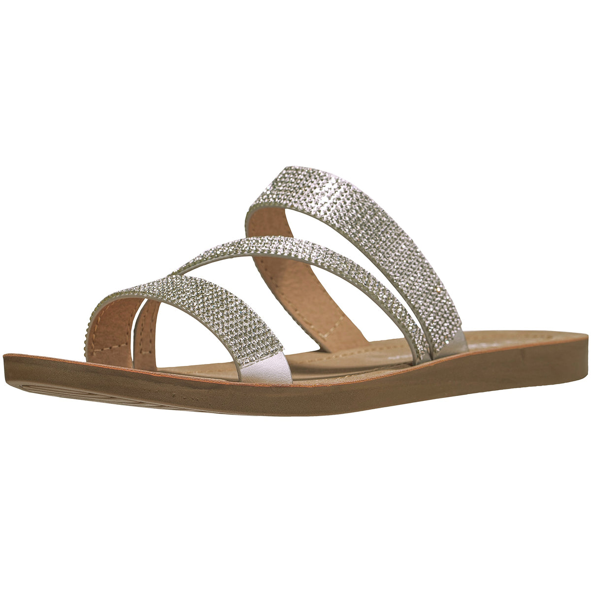Alpine Swiss Womens Rhinestone Slide Sandals Dressy Summer Strappy Flat Shoes – Silver