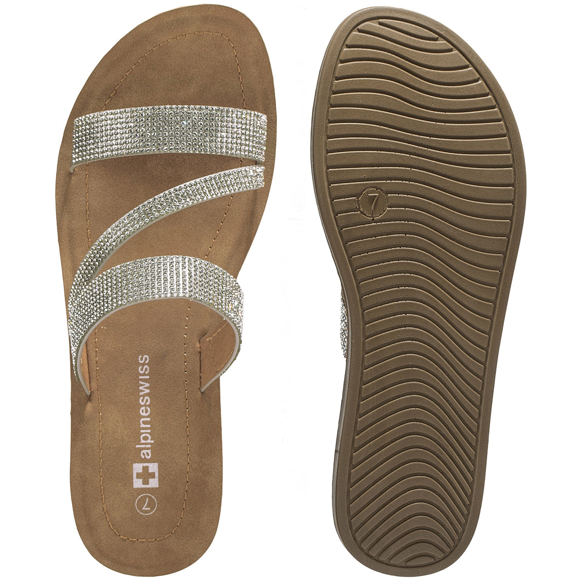 Alpine Swiss Womens Rhinestone Slide Sandals Dressy Summer Strappy Flat Shoes – Silver