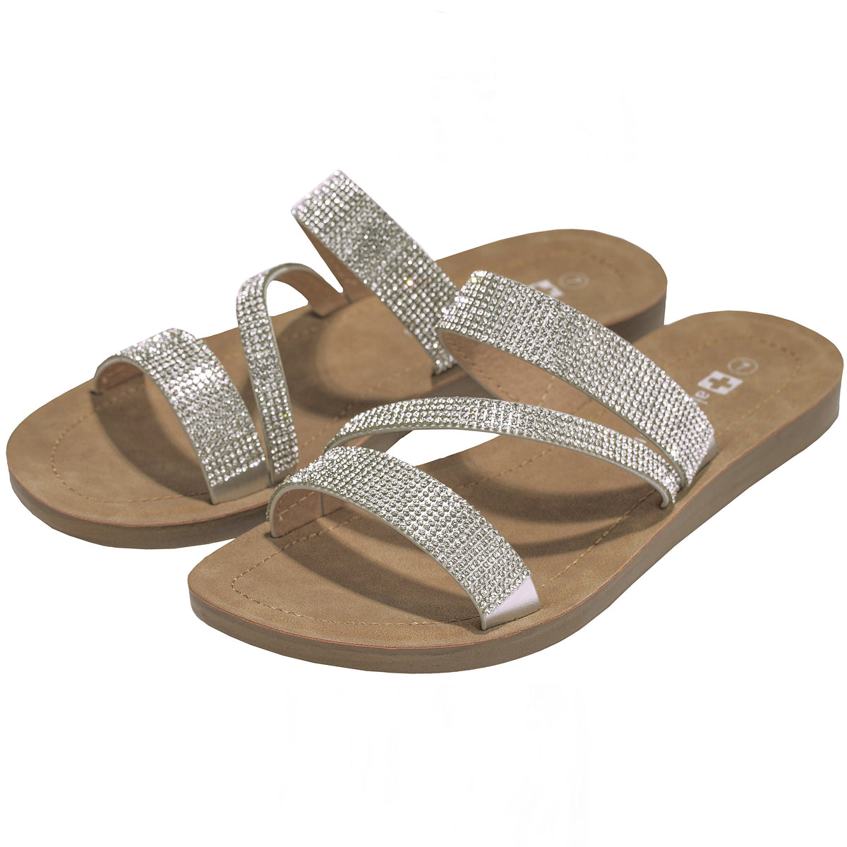 Alpine Swiss Womens Rhinestone Slide Sandals Dressy Summer Strappy Flat Shoes – Silver