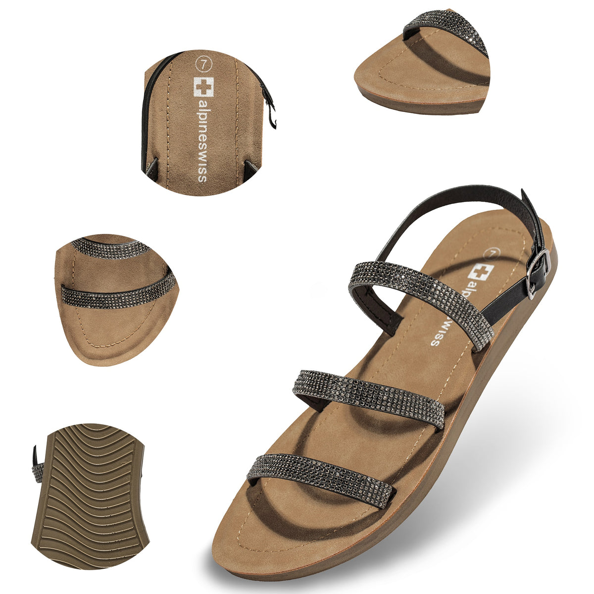 Alpine Swiss Womens Strappy Rhinestone Sandals Gladiator Ankle Strap Flat Shoes – Black