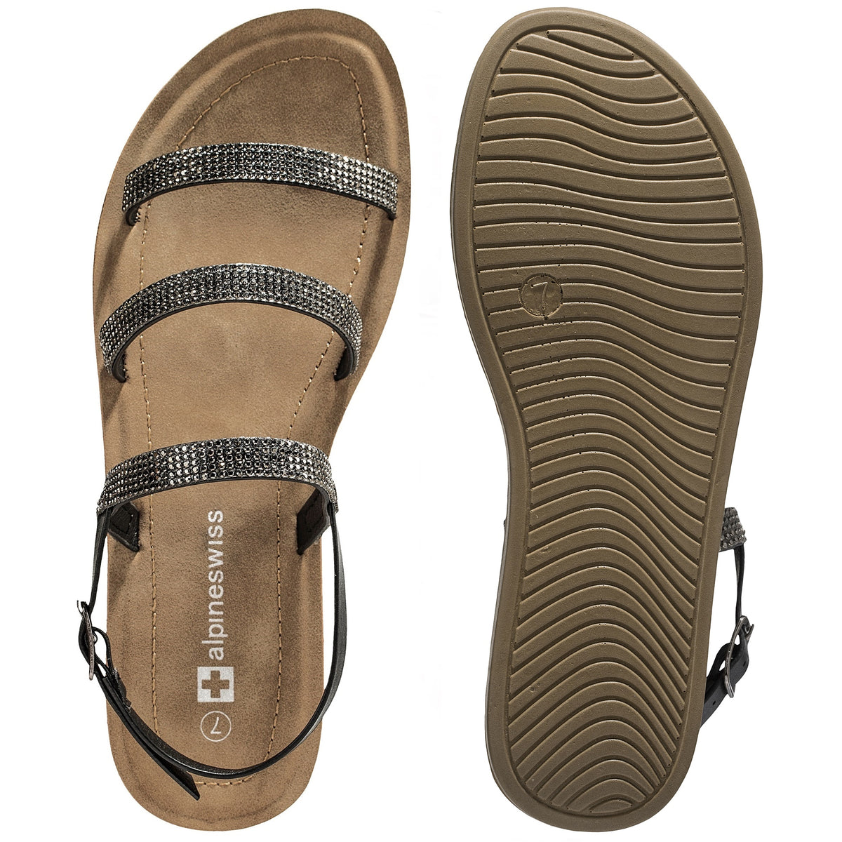 Alpine Swiss Womens Strappy Rhinestone Sandals Gladiator Ankle Strap Flat Shoes – Black