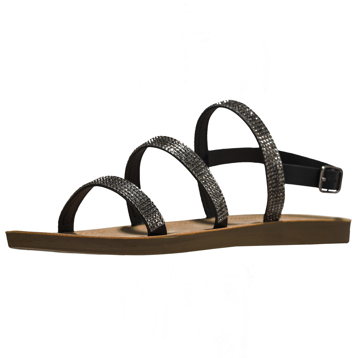 Alpine Swiss Womens Strappy Rhinestone Sandals Gladiator Ankle Strap Flat Shoes – Black