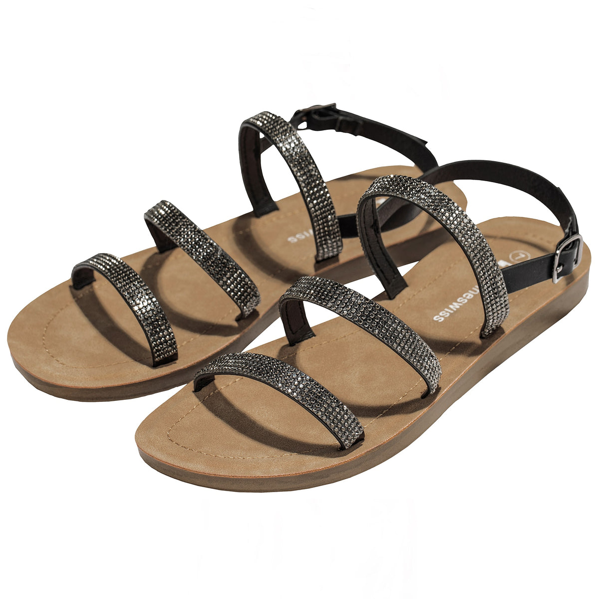 Alpine Swiss Womens Strappy Rhinestone Sandals Gladiator Ankle Strap Flat Shoes – Black