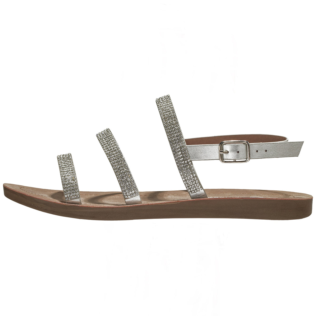 Alpine Swiss Womens Strappy Rhinestone Sandals Gladiator Ankle Strap Flat Shoes – Silver