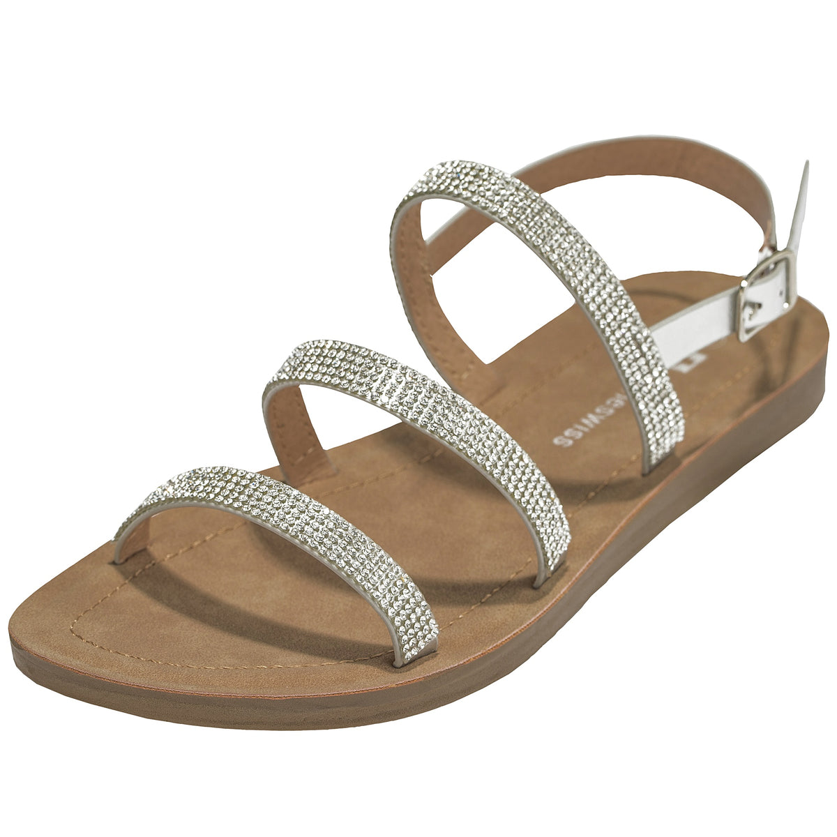 Alpine Swiss Womens Strappy Rhinestone Sandals Gladiator Ankle Strap Flat Shoes – Silver