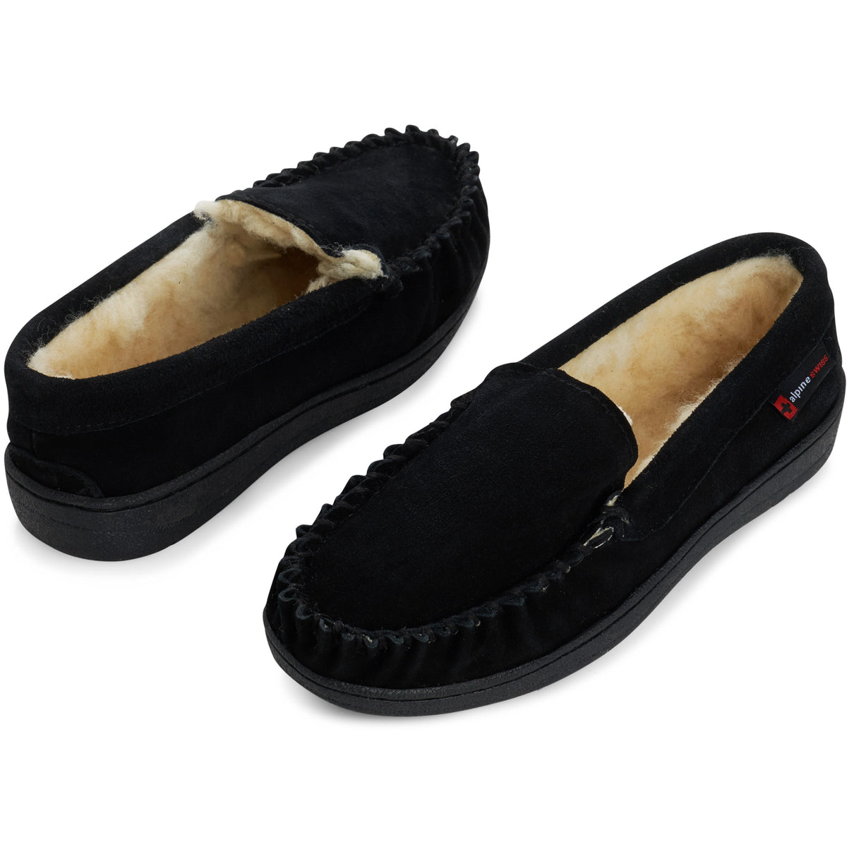 Alpine Swiss Mens Moccasin Slippers Genuine Suede House Shoe Memory Foam Insole – Black