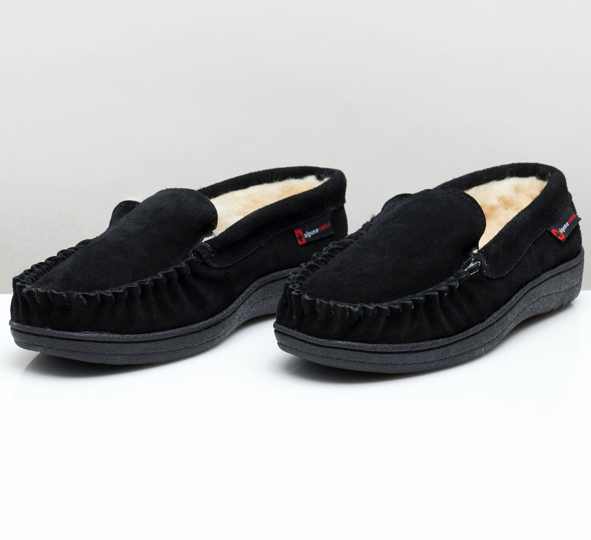 Alpine Swiss Mens Moccasin Slippers Genuine Suede House Shoe Memory Foam Insole – Black