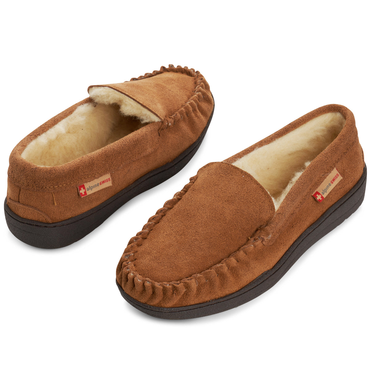Alpine Swiss Mens Moccasin Slippers Genuine Suede House Shoe Memory Foam Insole – Chestnut