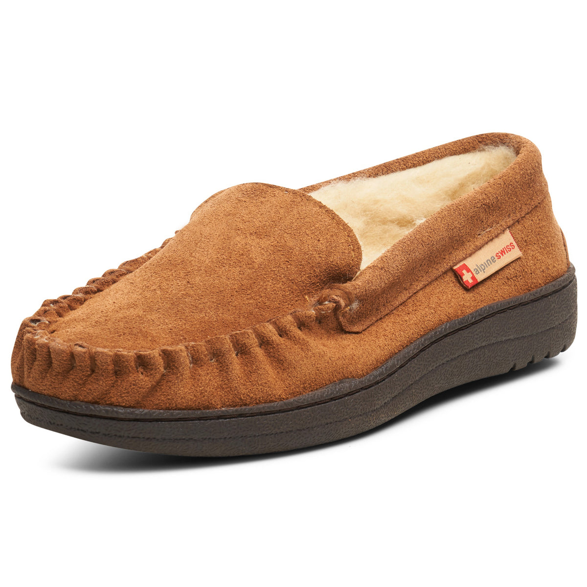 Alpine Swiss Mens Moccasin Slippers Genuine Suede House Shoe Memory Foam Insole – Chestnut