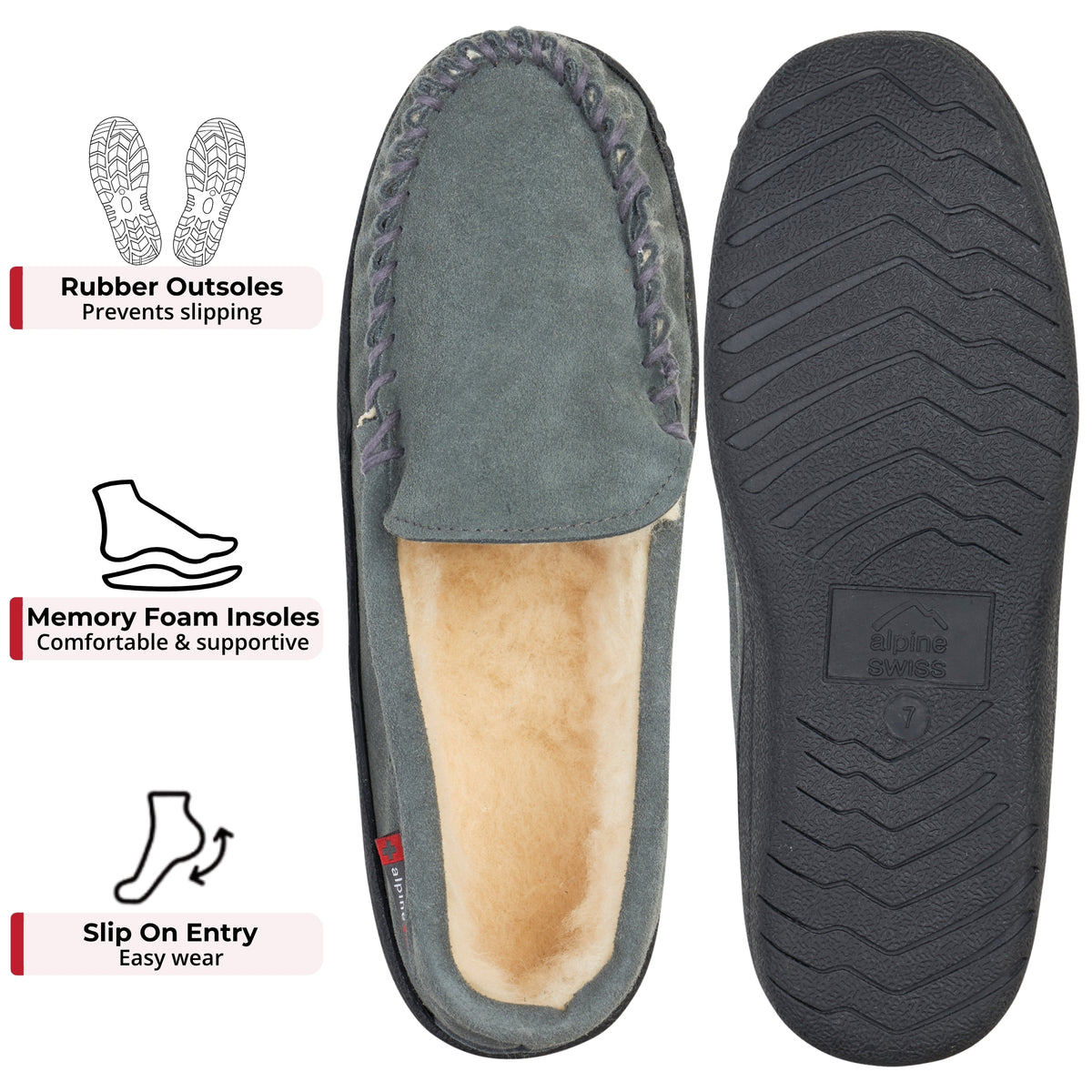 Alpine Swiss Mens Moccasin Slippers Genuine Suede House Shoe Memory Foam Insole – Gray