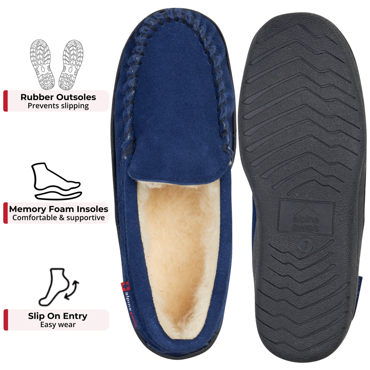 Alpine Swiss Mens Moccasin Slippers Genuine Suede House Shoe Memory Foam Insole – Navy