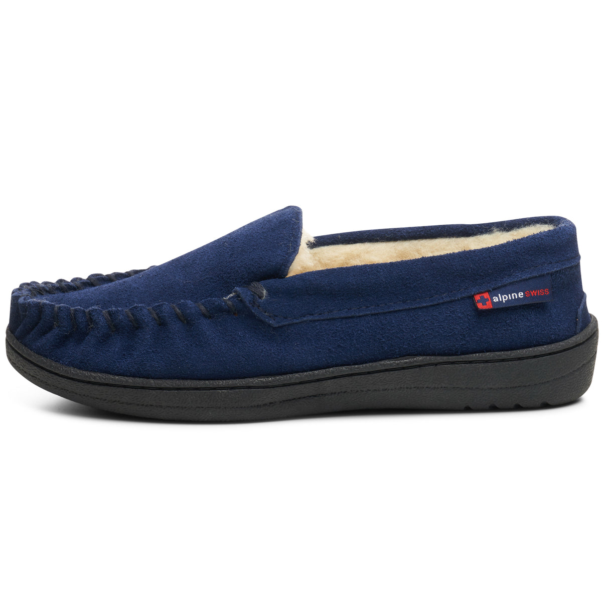 Alpine Swiss Mens Moccasin Slippers Genuine Suede House Shoe Memory Foam Insole – Navy