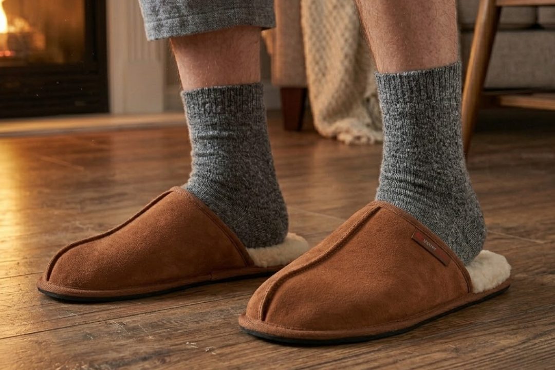 open-back suede slippers, wool socks, and a home setting with a hardwood floor.