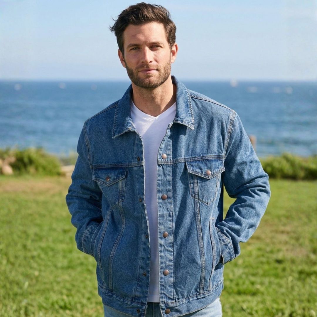 man wearing denim jacket