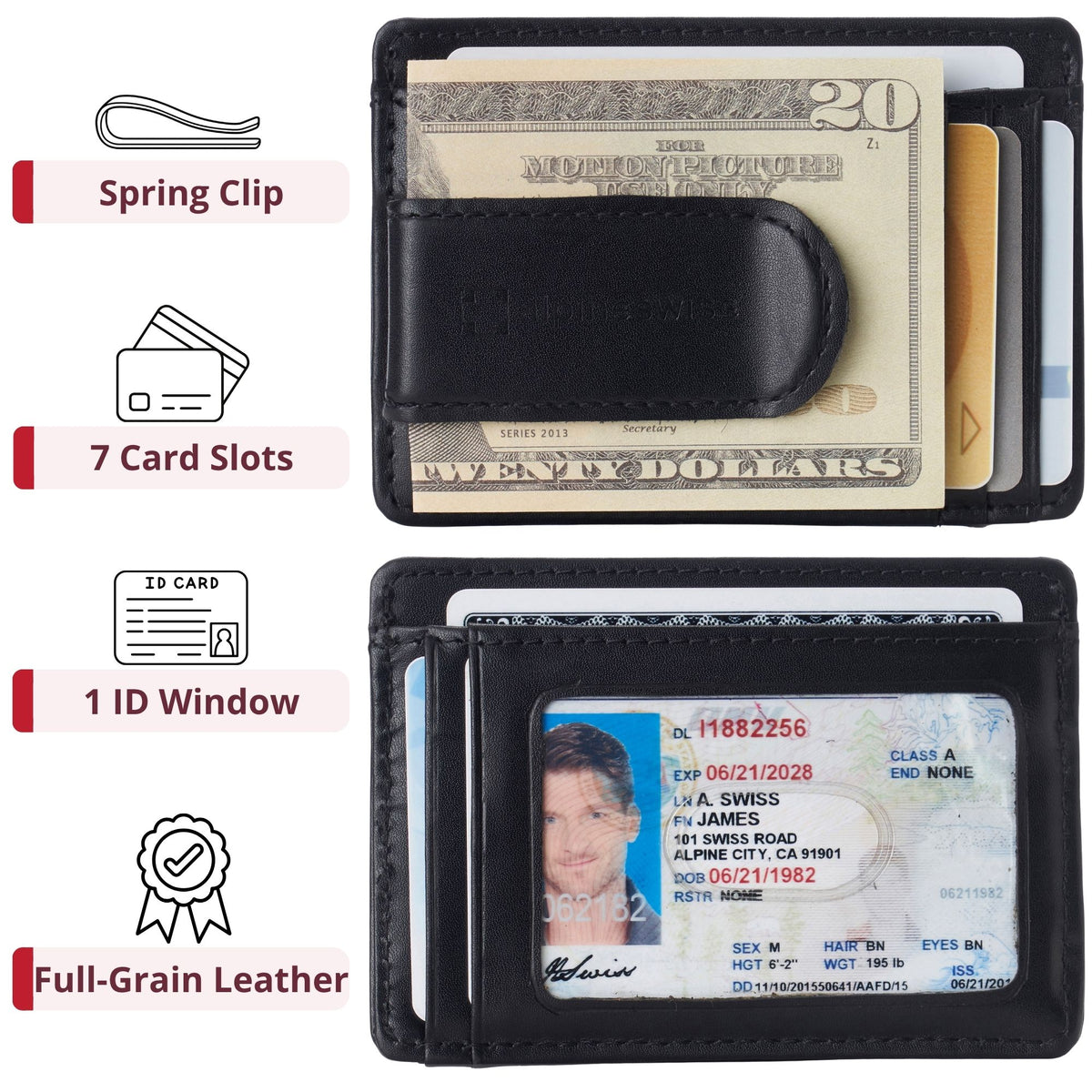 Alpine Swiss RFID Dermot Money Clip Front Pocket Wallet - Smooth Finish Black