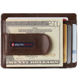 Alpine Swiss Mens RFID Money Clip Leather Minimalist Wallet Card Case ID Window – Glossy Nappa Brown