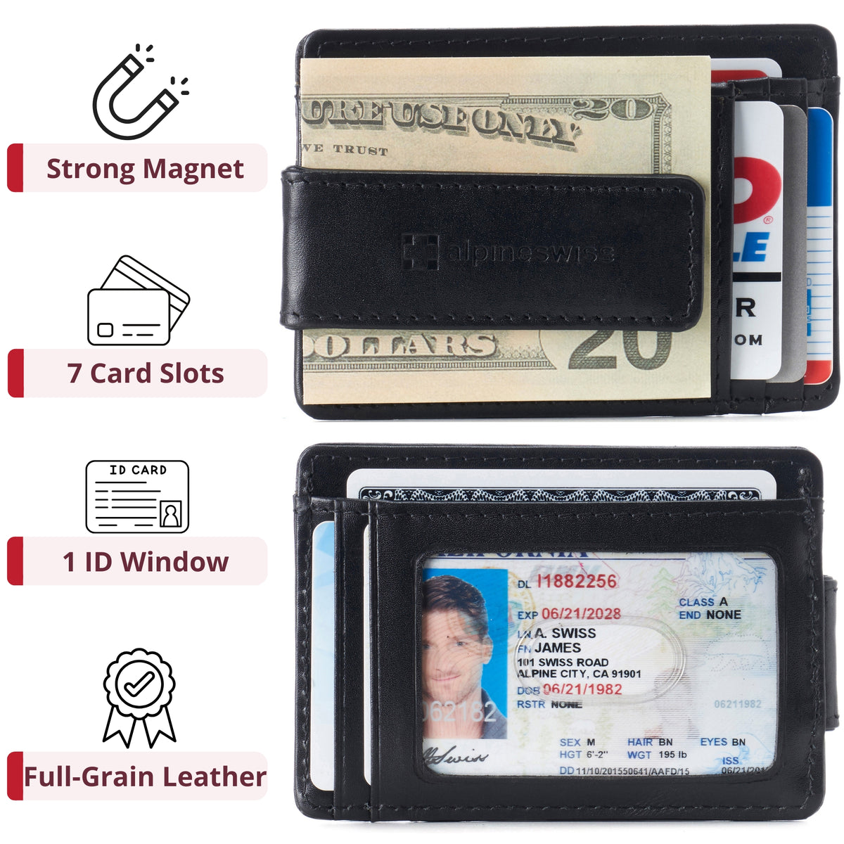 Alpine Swiss Mens RFID Safe Magnetic Money Clip Wallet Slim Front Pocket Wallet – Smooth Finish Black