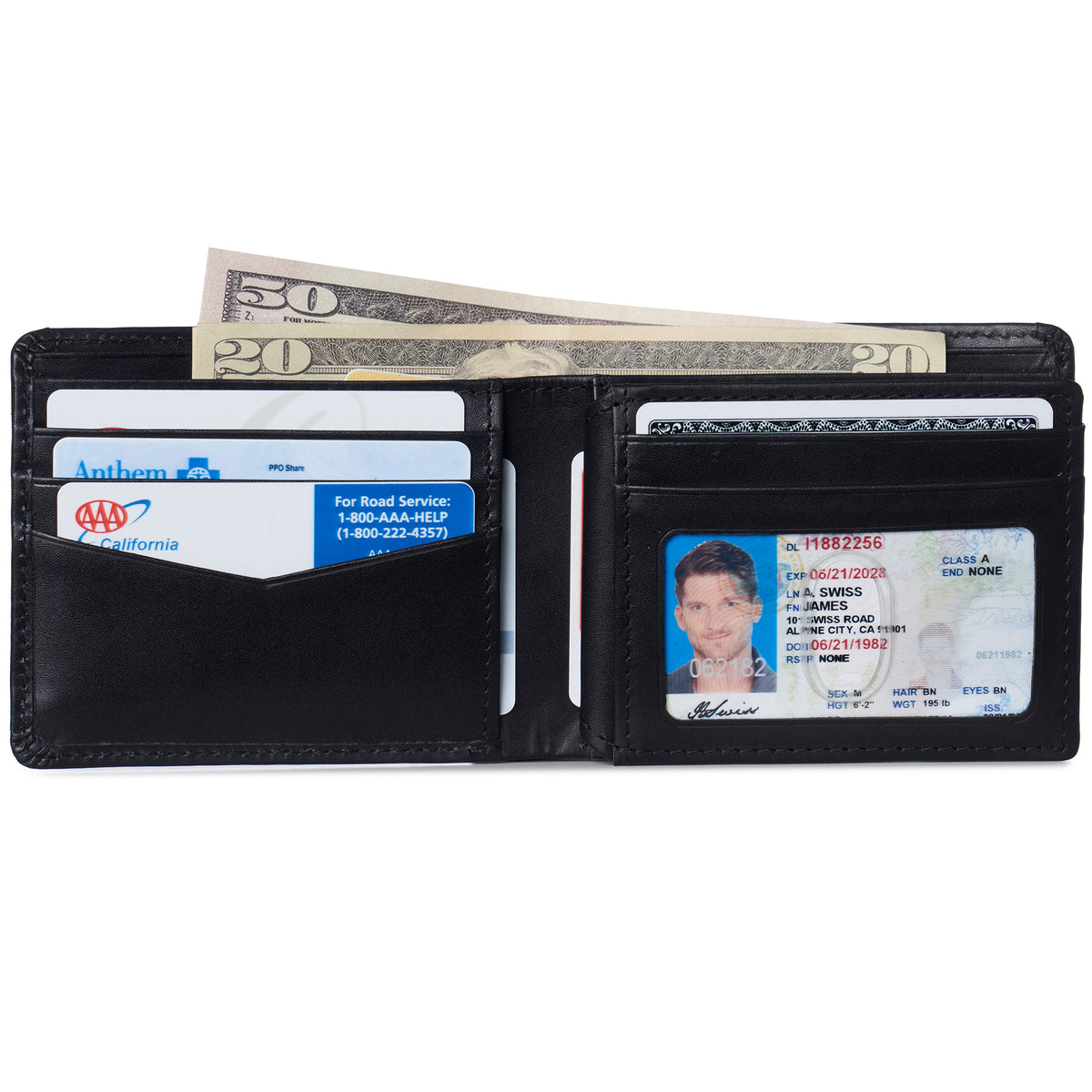 Alpine Swiss Wallet for Men Nolan Commuter Bifold Dual ID Windows for License Work – Smooth Finish Black