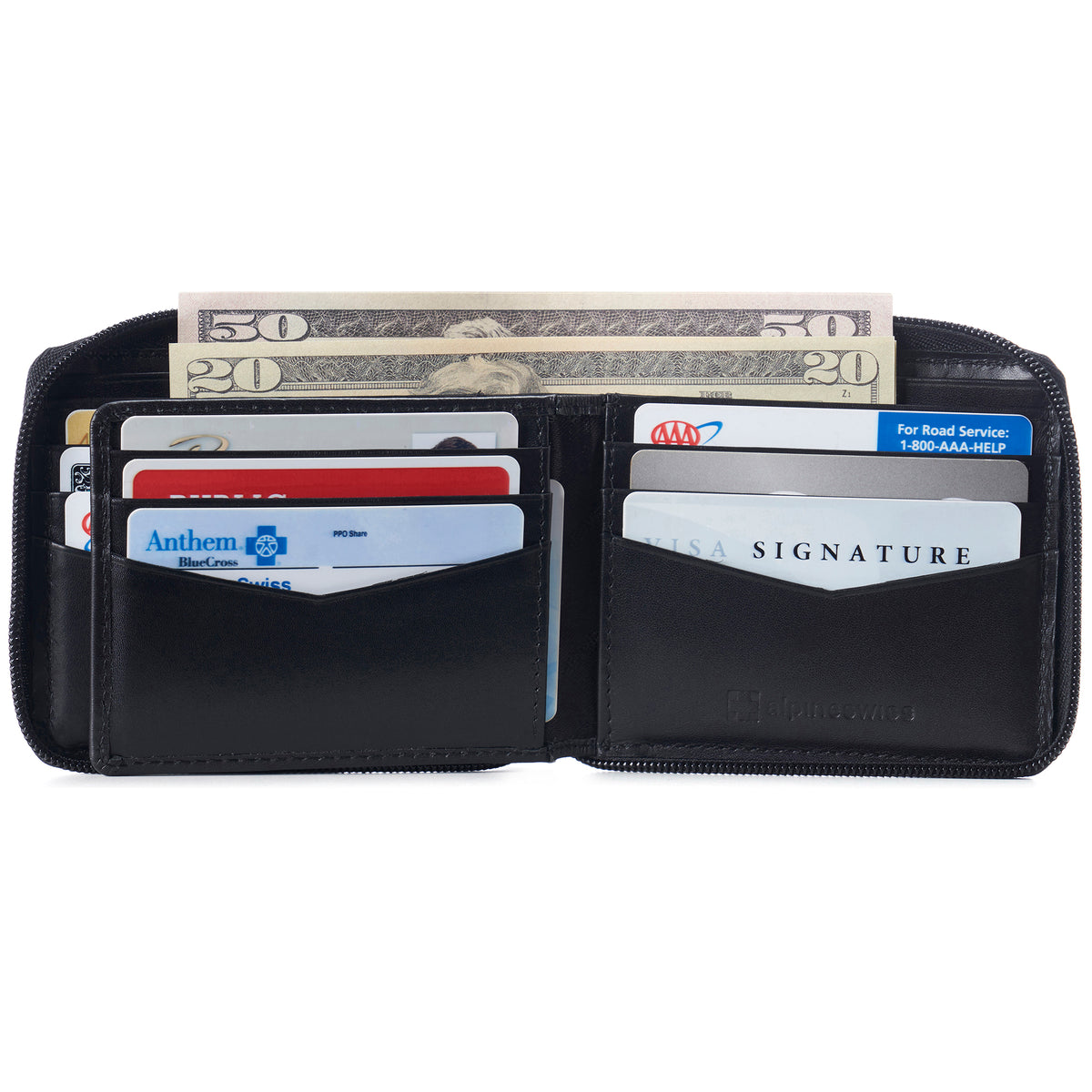 Alpine Swiss Logan Zipper Bifold Wallet – Smooth Finish Black