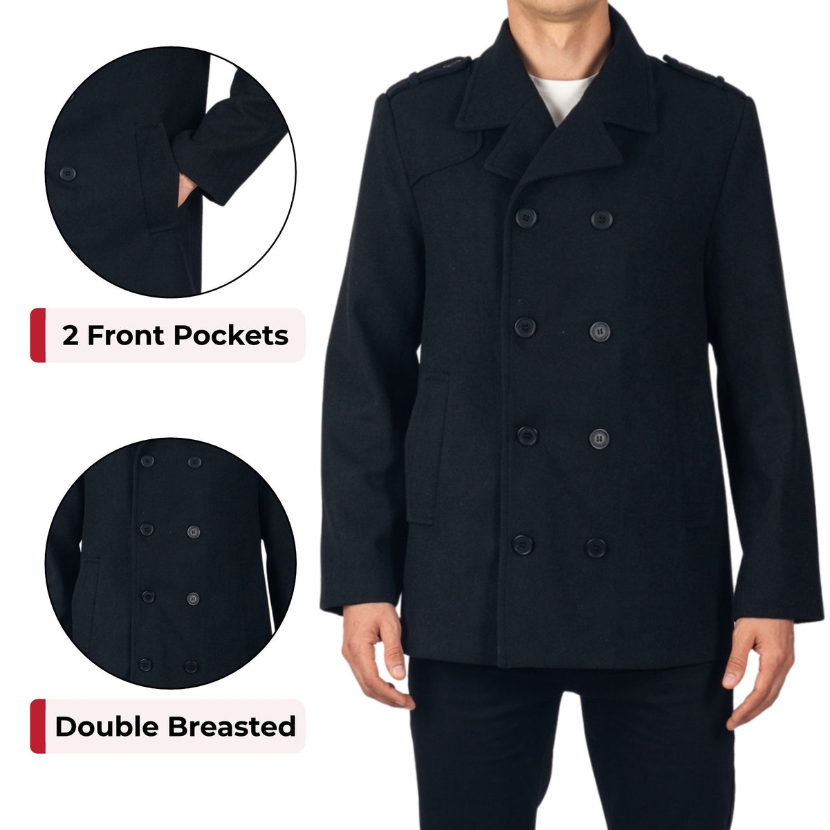 Alpine Swiss Jake Mens Pea Coat Wool Blend Double Breasted Dress Jacket Peacoat – Black