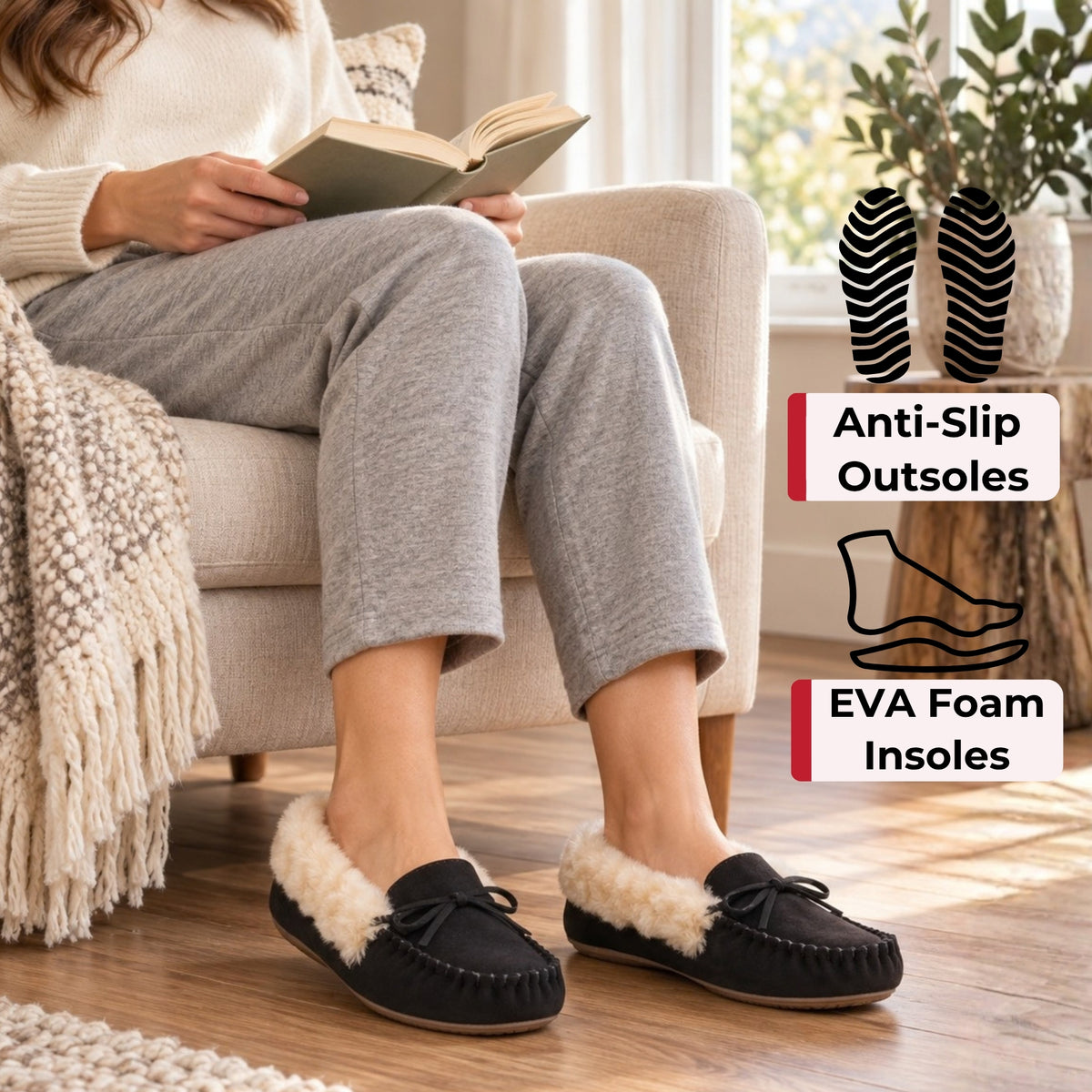 Alpine Swiss Leah Women’s Moccasin Slippers – Black