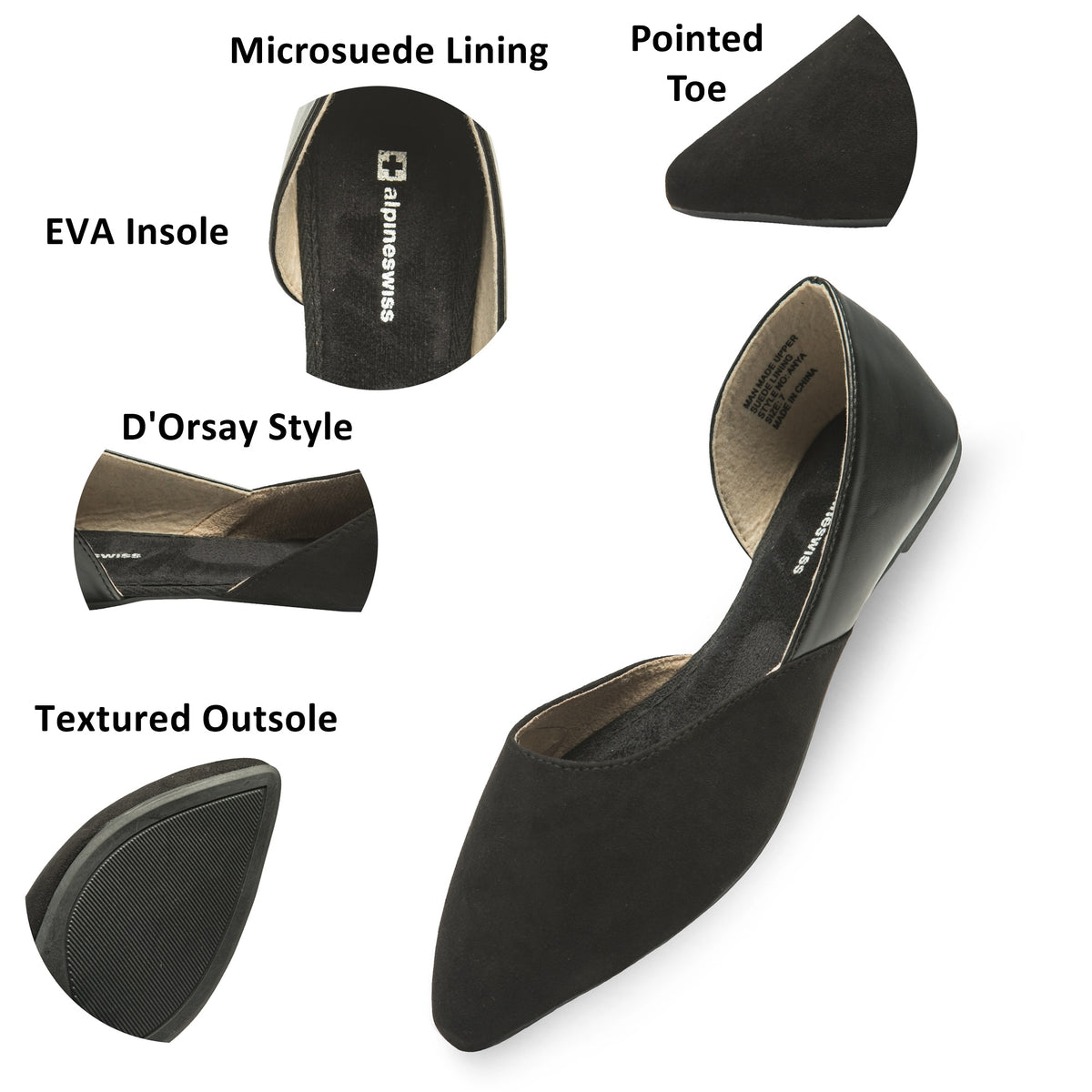 Alpine Swiss Anya Womens D’Orsay Pointed Toe Ballet Flats Dressy Slip On Shoes – Black