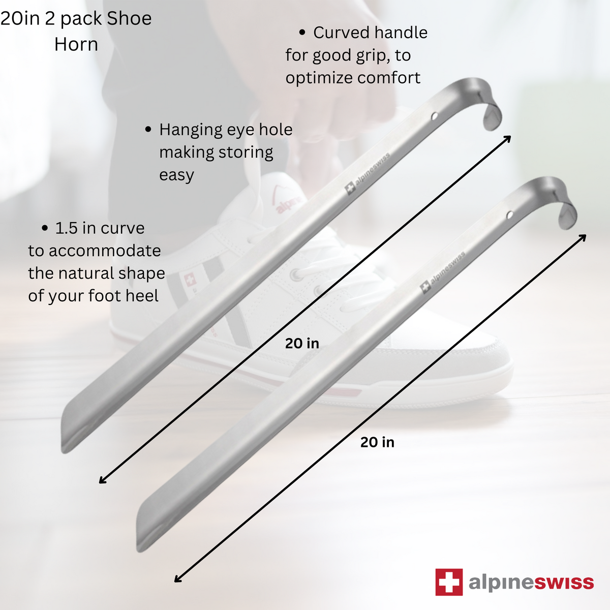 Alpine Swiss Metal Shoe Horn Long Handle 20” or 16” Shoe Helper Steel Shoehorn – Silver