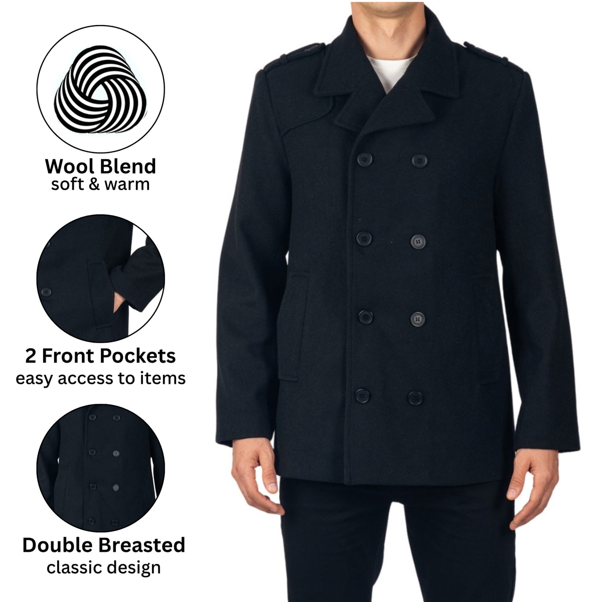 Alpine Swiss Jake Mens Pea Coat Wool Blend Double Breasted Dress Jacket Peacoat – Black