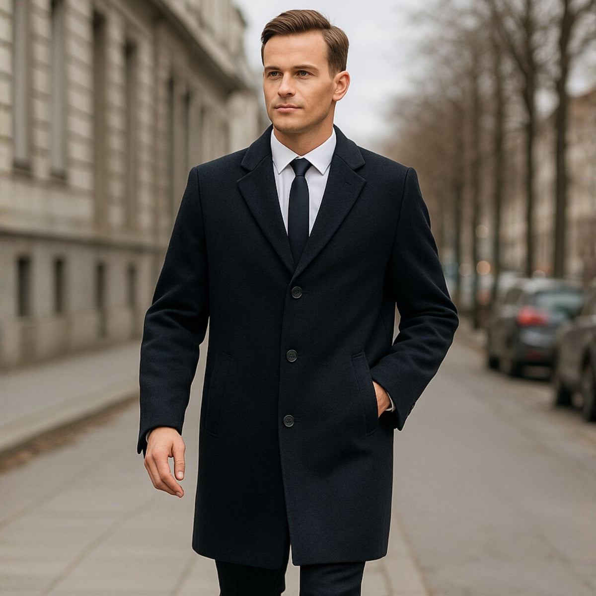 Alpine Swiss Luke Mens Wool Blend Overcoat Single Breasted Coat Tailored Topcoat – Black