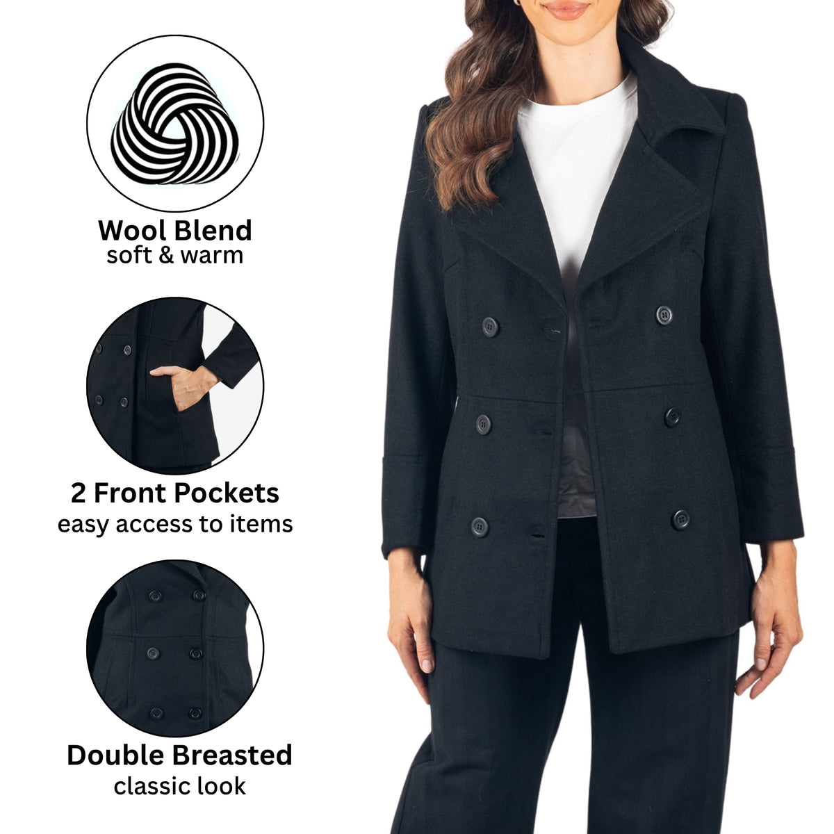 Alpine Swiss Emma Womens Peacoat Jacket Wool Blazer Double Breasted Overcoat – Black