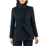 Alpine Swiss Bella Womens Belted Blazer Button Up Wool Coat Funnel Neck Jacket – Black