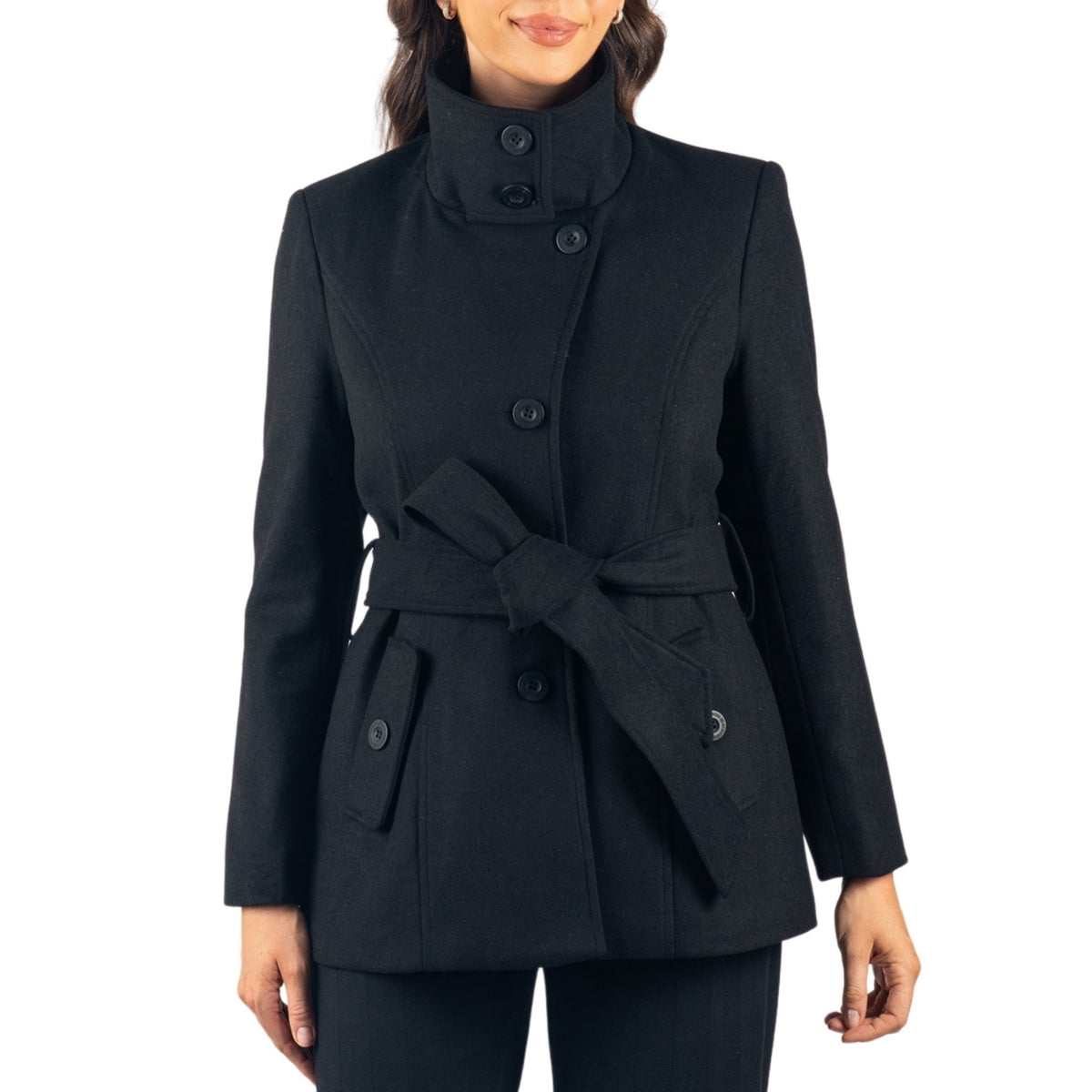 Alpine Swiss Bella Womens Belted Blazer Button Up Wool Coat Funnel Neck Jacket – Black