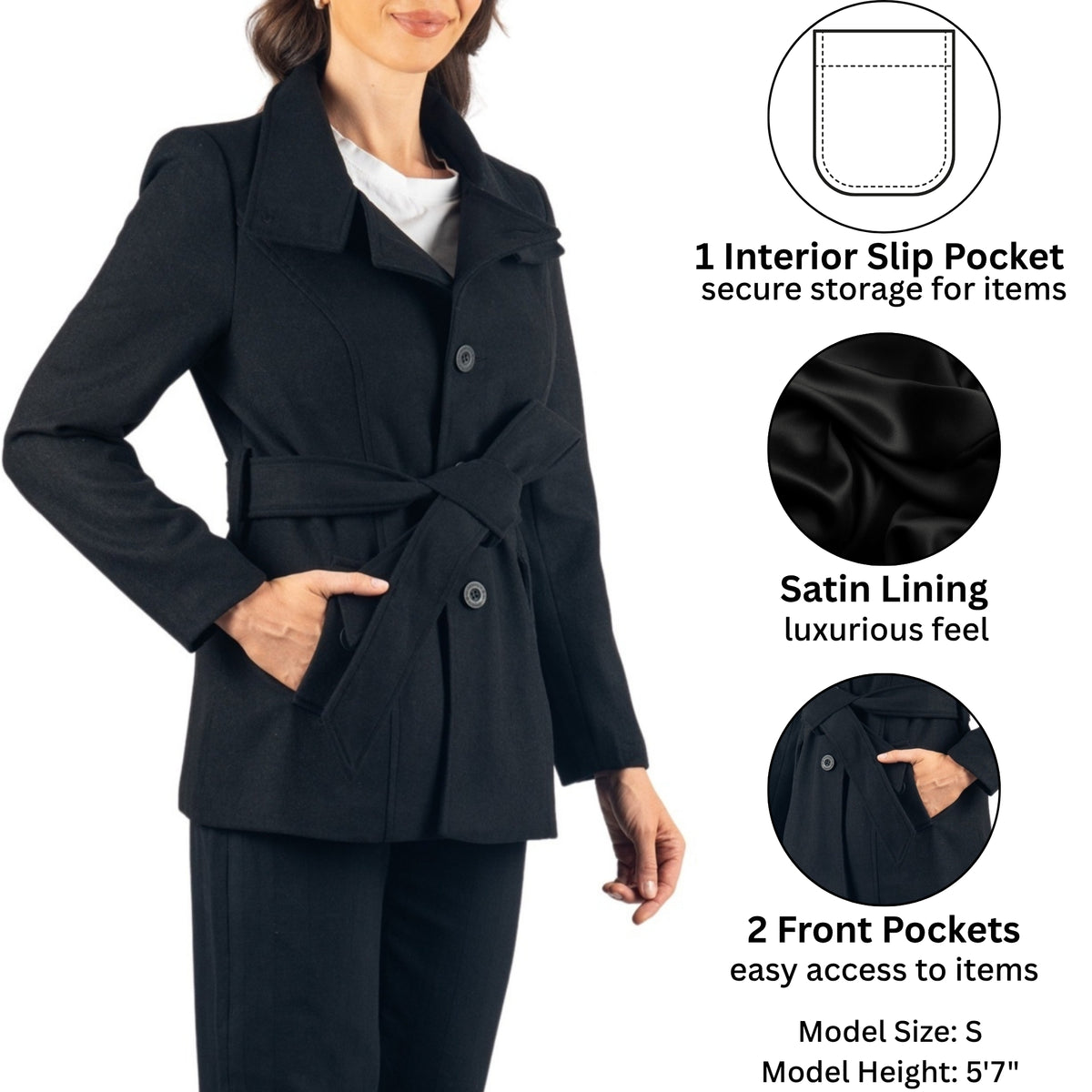 Alpine Swiss Bella Womens Belted Blazer Button Up Wool Coat Funnel Neck Jacket – Black