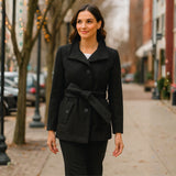 Alpine Swiss Bella Womens Belted Blazer Button Up Wool Coat Funnel Neck Jacket – Black
