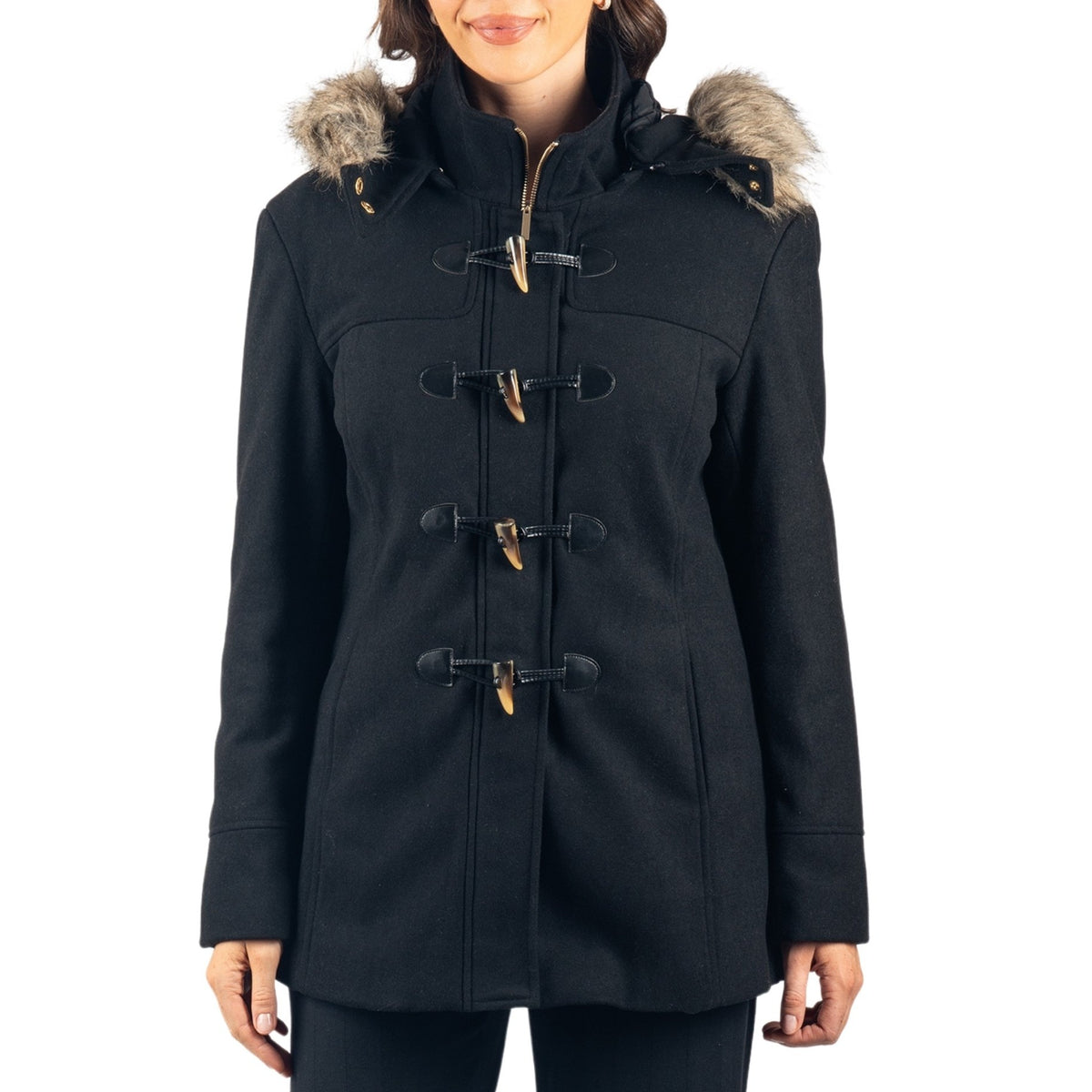 Alpine Swiss Duffy Womens Wool Duffle Coat Removable Hood Winter Toggle Overcoat – Black