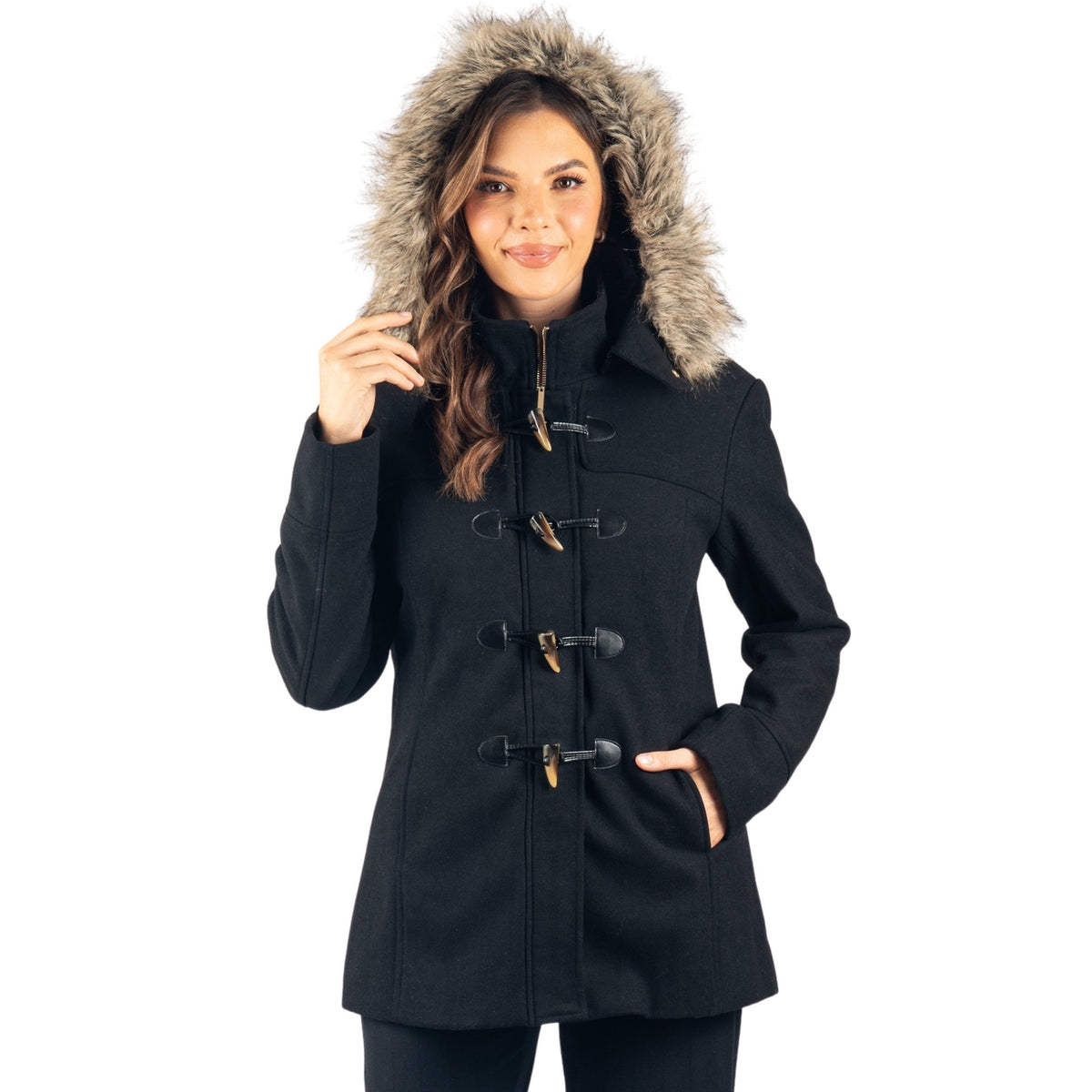 Alpine Swiss Duffy Womens Wool Duffle Coat Removable Hood Winter Toggle Overcoat – Black