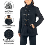 Alpine Swiss Duffy Womens Wool Duffle Coat Removable Hood Winter Toggle Overcoat – Black